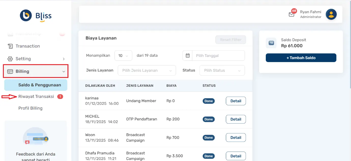 Cara melihat riwayat top up saldo